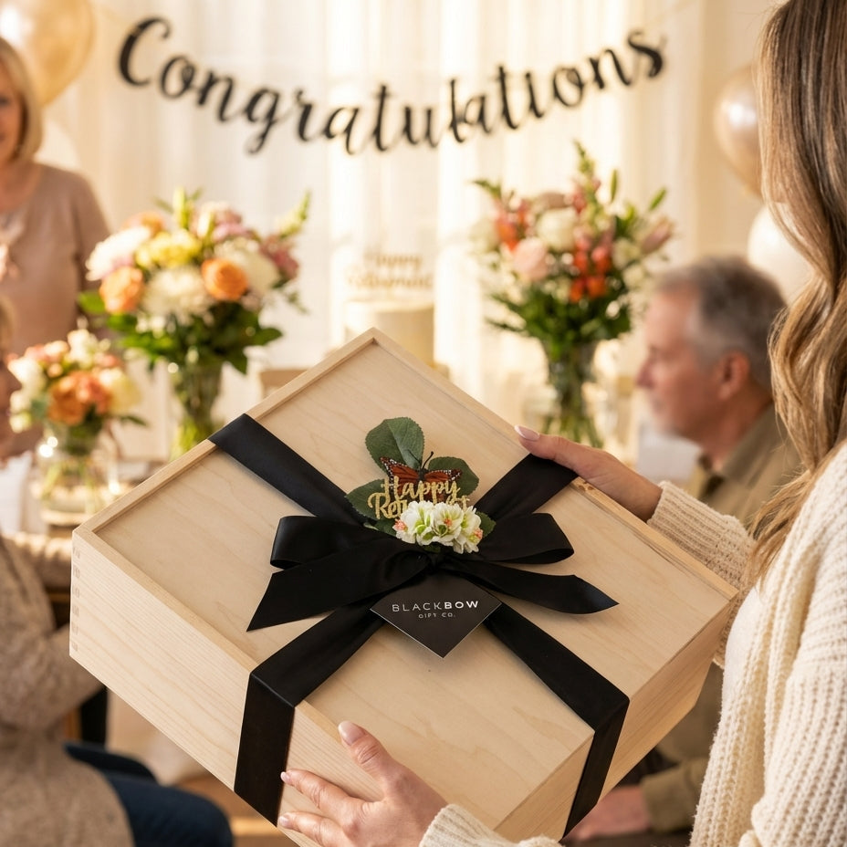 Person holding a gift box with a black ribbon at a celebration event.