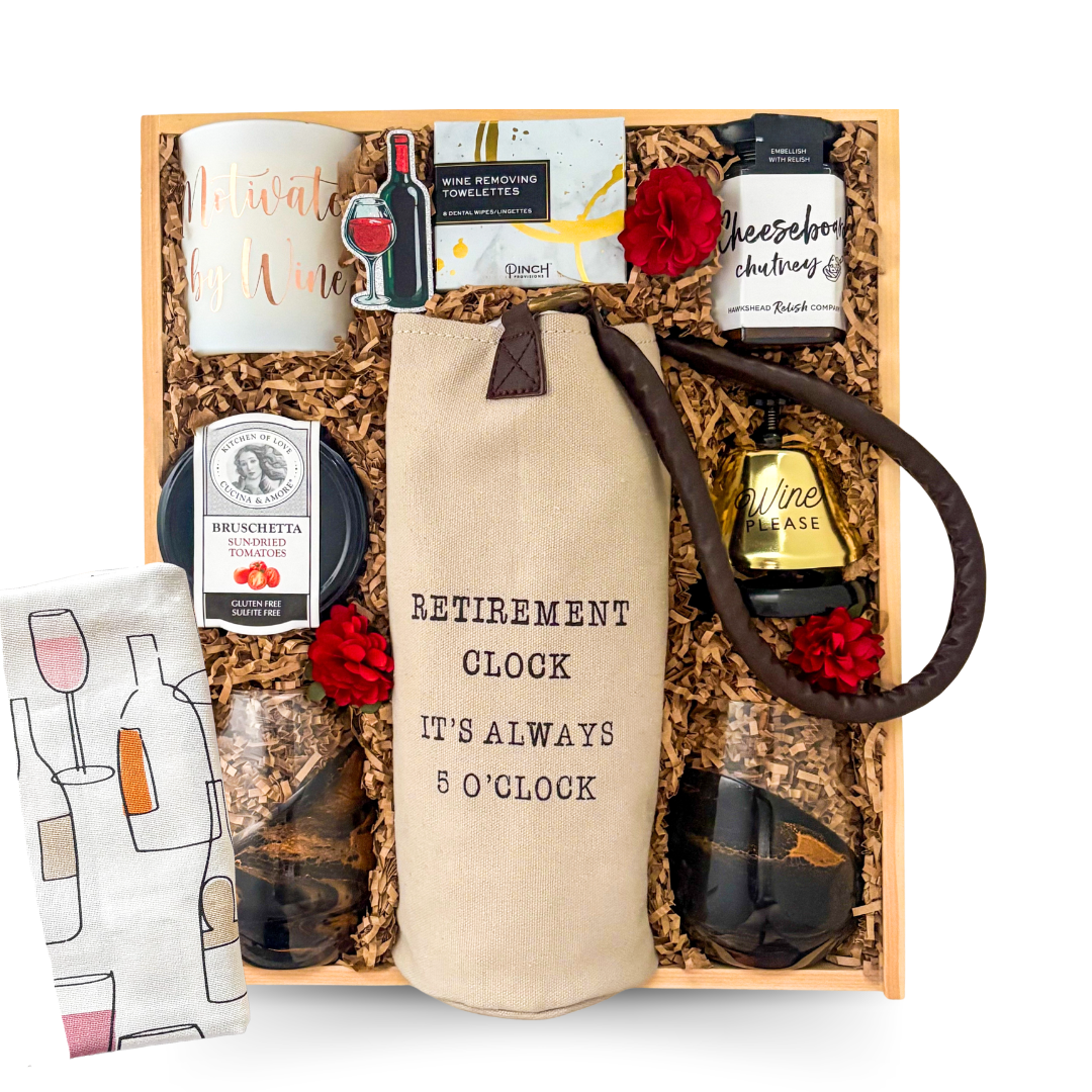 Retirement Uncorked retirement gift box featuring wine accessories, charcuterie snacks, olives, crackers, brie cheese, wine glasses, and gourmet entertaining items in a keepsake wood box curated by Black Bow Gift Co.
