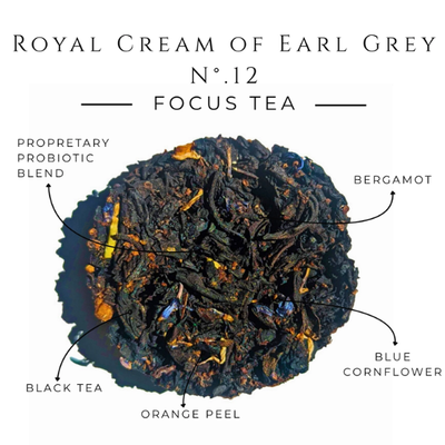 Royal Cream Earl Grey No. 12 loose leaf tea discs with Kenyan black tea, bergamot, vanilla, orange peel, and probiotic blend.