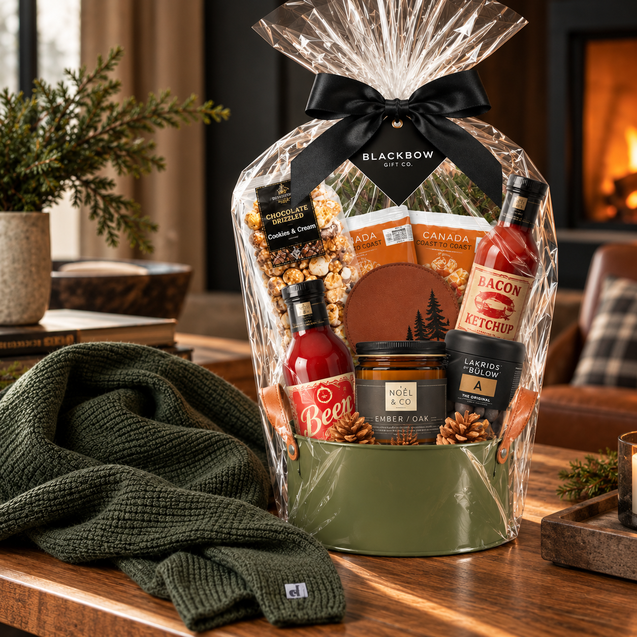 Masculine gourmet gift basket in an olive-green metal tub, wrapped in clear cellophane with a black satin bow and Black Bow Gift Co. tag, displayed beside a forest-green knit scarf in a cozy, rustic home with warm wood accents and a glowing fireplace.