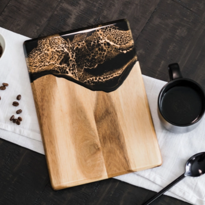 Acacia Board With Ocean Waves Art- Black Amber