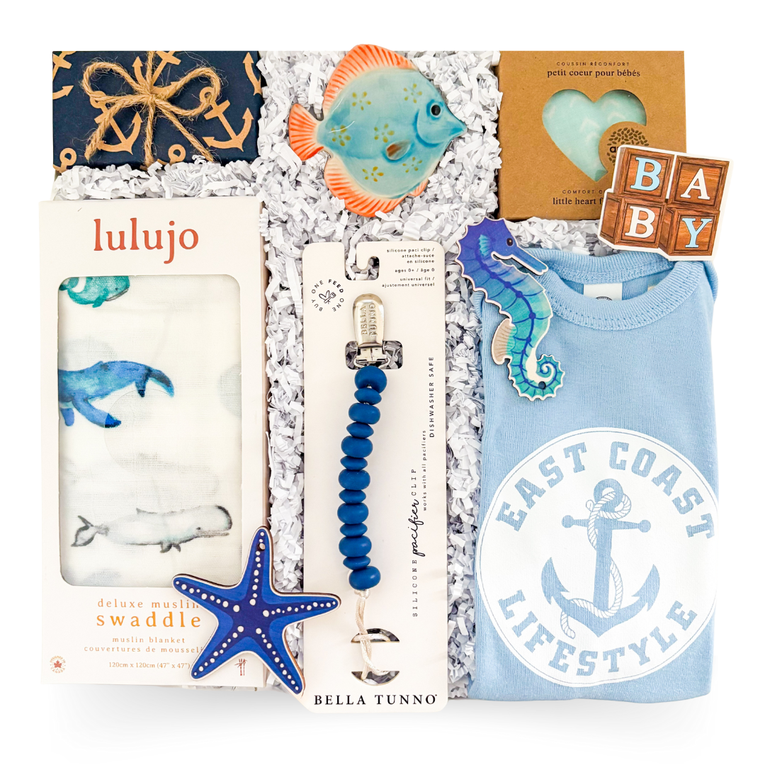 Baby Gift Boxes, Shipped Gift Boxes Canada, Coastal Baby Gift Sets, Thoughtful Baby Shower Gifts, Modern Baby Gift Boxes, Celebration Gift Sets, Luxury Baby Gift Boxes, Shipped Personal Baby Gifts, Unique Gifts For New Parents, Keepsake Baby Gift Sets, Fun Baby Shower Gift Boxes, Gifts With Swaddle And Pacifier Clip, Ocean-Inspired Baby Gift Boxes, Baby Comfort And Care Sets, Nautical Baby Gift Boxes, Gender Neutral Baby Gift Sets, Gourmet Baby Shower Gift Boxes.