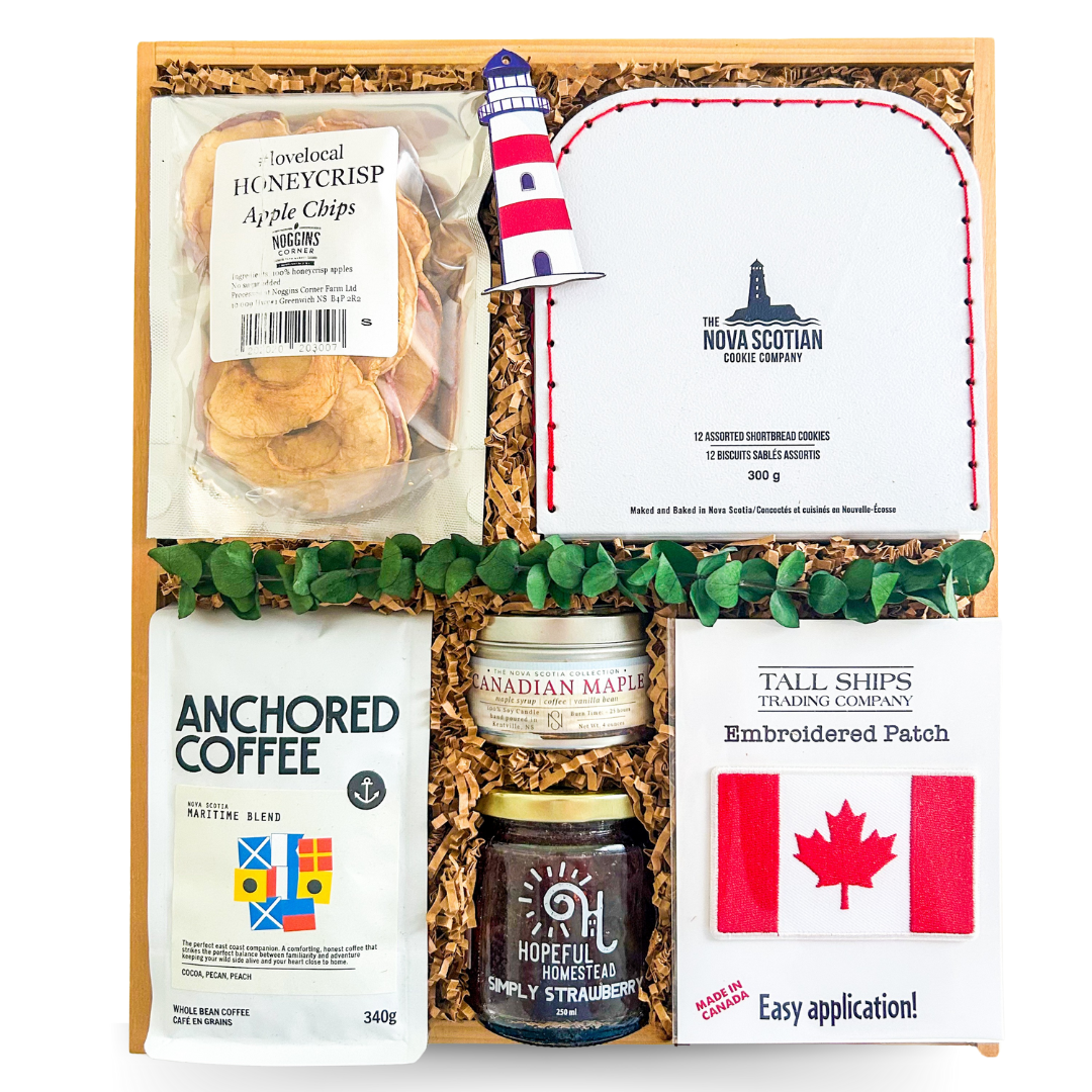 Nova Scotia Gift Box, Canadian Souvenir Gift Set, Maritime-Themed Gift Basket, Seaside Inspired Canadian Gifts, Canada-Themed Corporate Gifts, Unique East Coast Treat Boxes, Gifts for Canadian Expats, Taste of Canada Gift Basket, Cozy Coastal Gift Ideas, Gifts from Nova Scotia, Canadian Travel-Themed Gifts, Apple Chip and Coffee Gift Box, Gifts for Canada Lovers, Canadian Welcome Gifts, Cottagecore Gifts with Maritime Flair