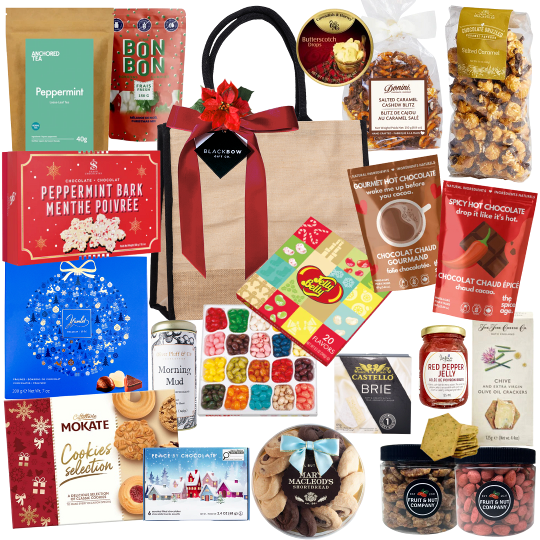 Premium holiday gift bag with festive treats in a jute tote by Black Bow Gift Co.
