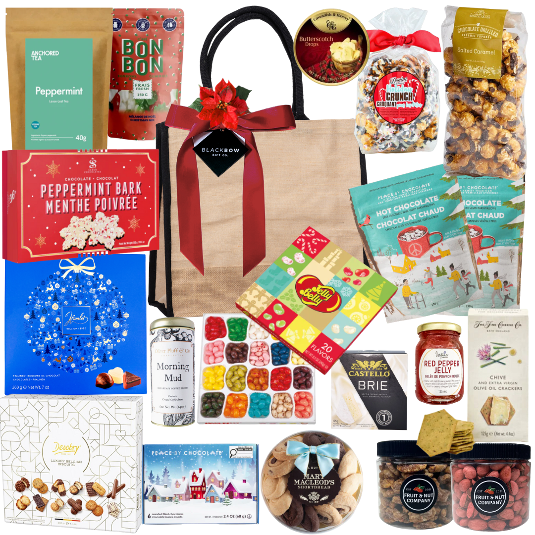Premium holiday gift bag with festive treats in a jute tote by Black Bow Gift Co.
