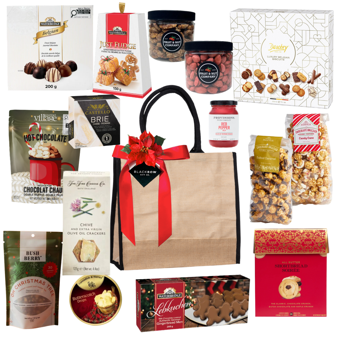 Season to Share Christmas gift basket in a reusable jute tote featuring Belgian chocolates, festive cookies, gourmet popcorn, brie, crackers and holiday treats.