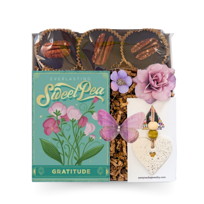 Seeds of Gratitude thank you gift box with sweet pea seed pack, artisan chocolates and green and pink accents by Black Bow Gift Co.
