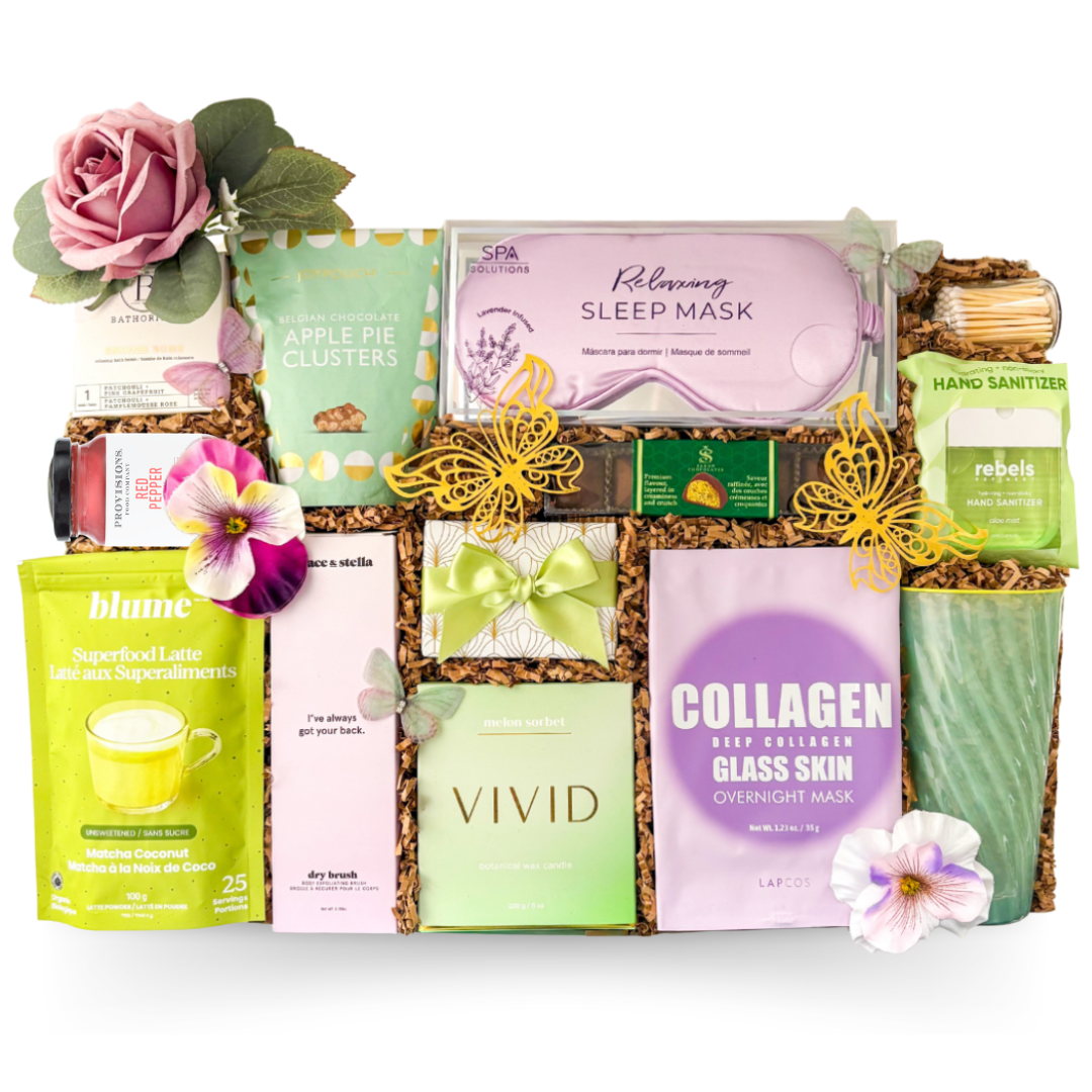 Self-Care Retreat luxury gift box with matcha, tumbler, self-care items and treats by Black Bow Gift Co.
