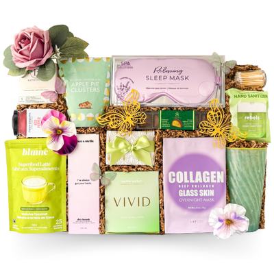 Self-Care Retreat luxury gift box with matcha, tumbler, self-care items and treats by Black Bow Gift Co.
