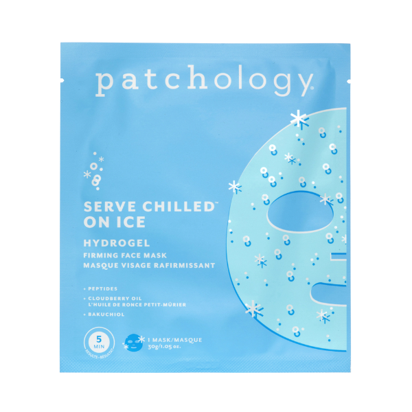 Patchology Serve Chilled On Ice Firming Hydrogel Face Mask with peptides, cloudberry extract, and bakuchiol.