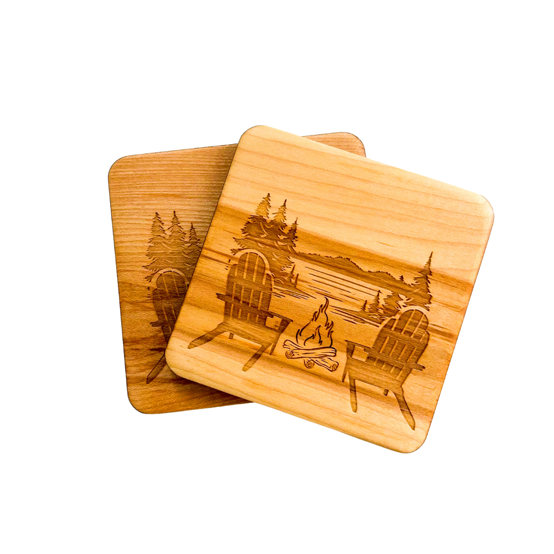 Set Of Two Birch Coasters with Cottage Scene Design