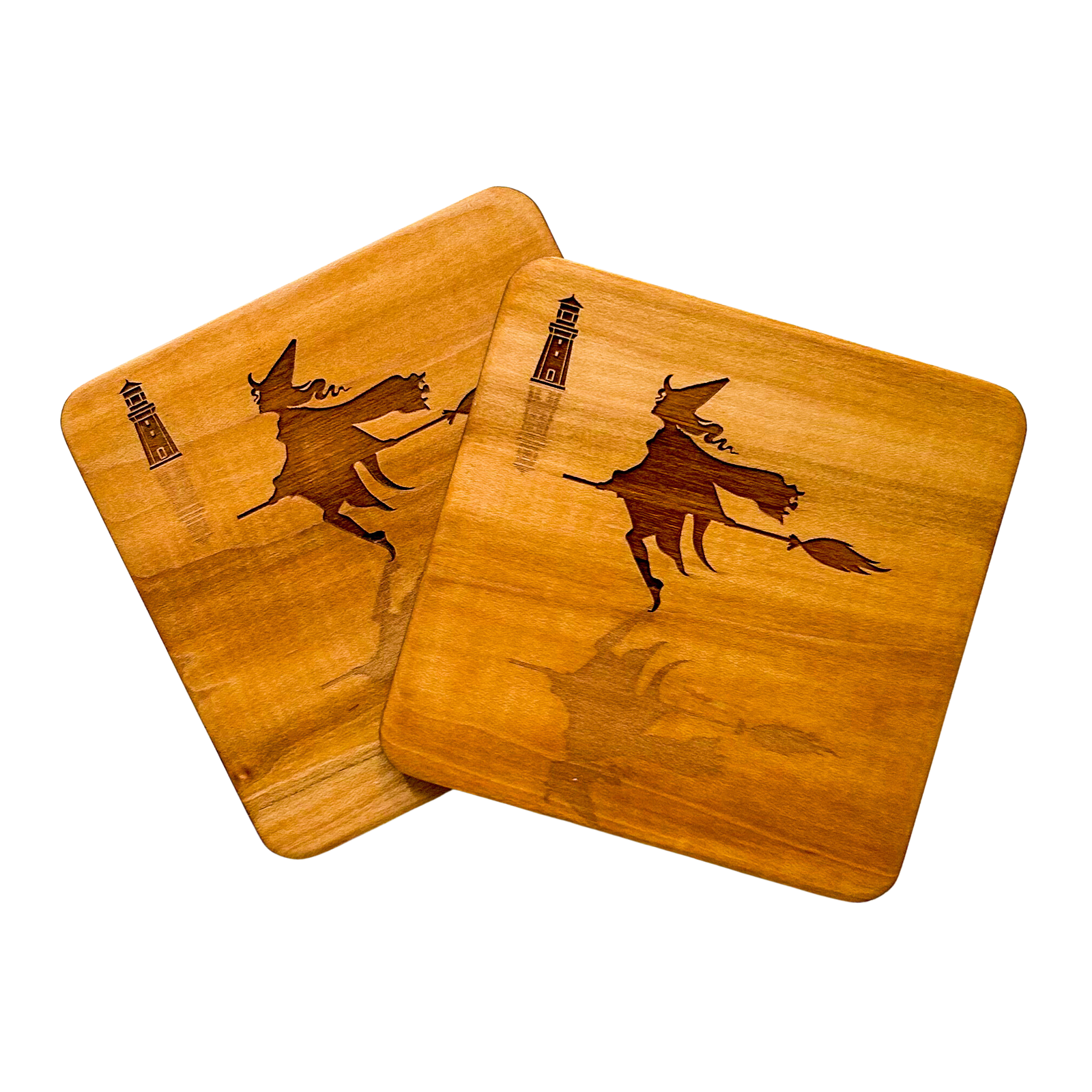 Set Of Two Birch Coasters With Witch Design