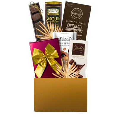 Share the Sweetness gift basket with assorted chocolates, cookies, pretzels and sweet treats in an elegant gold gift container.