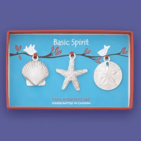 Basic Spirit boxed set of three coastal mini Christmas ornaments featuring a scallop shell, starfish, and sand dollar.