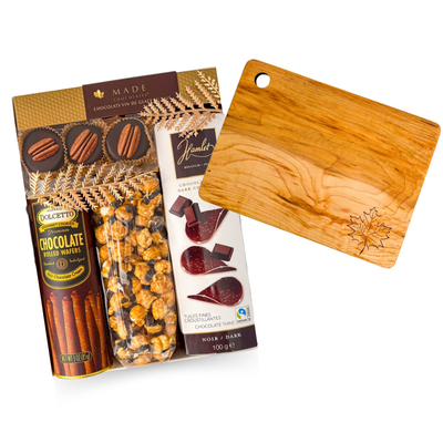 Simply Sweet gourmet gift with chocolates, sweet treats and wooden serving board, beautifully arranged by Black Bow Gift Co.