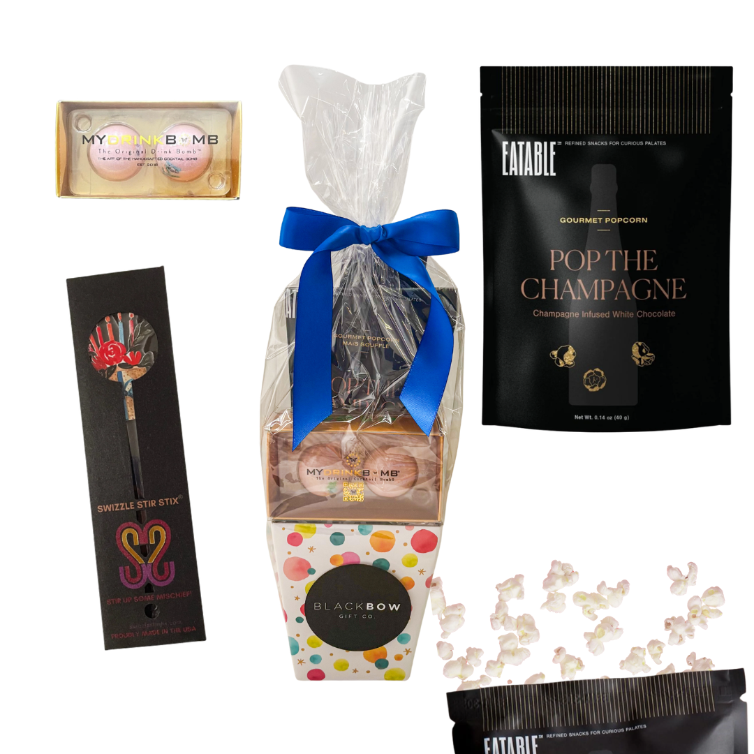 Birthday gift featuring cocktail bombs, decorative cocktail stir stick, birthday cake popcorn, and festive presentation in a colorful birthday gift box by Black Bow Gift Co.