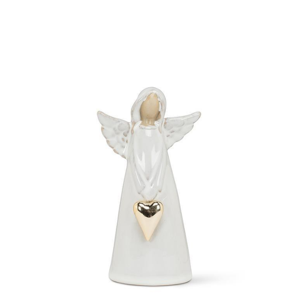 White porcelain angel figurine with a delicate standing design and gold heart accent, ideal for elegant home décor and meaningful gifting.