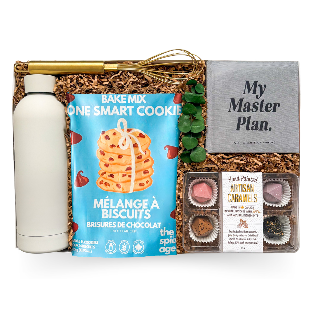 Congrats gift box with cookie mix, journal, water bottle, and sweet treats by Black Bow Gift Co.