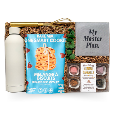 Congrats gift box with cookie mix, journal, water bottle, and sweet treats by Black Bow Gift Co.