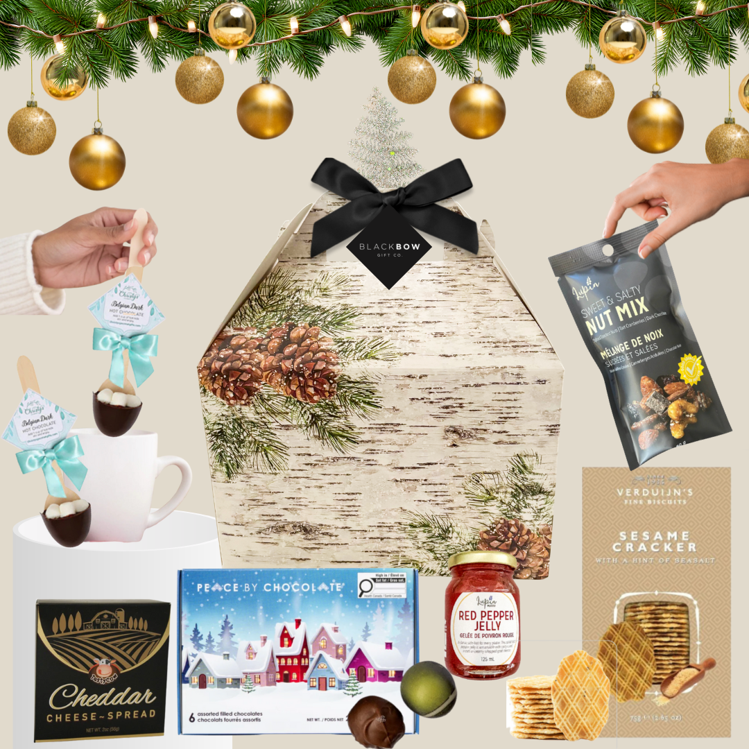 Festive winter gable box filled with artisan chocolates, crackers, and gourmet snacks — Snack the Halls gift by Black Bow Gift Co.