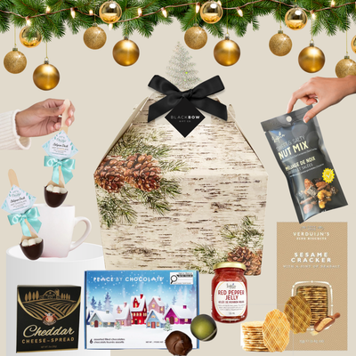 Festive winter gable box filled with artisan chocolates, crackers, and gourmet snacks — Snack the Halls gift by Black Bow Gift Co.