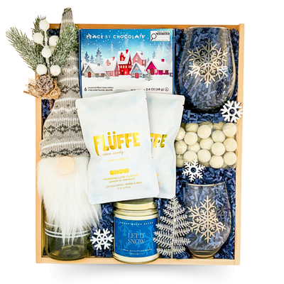 Snow Much Fun winter gift box with blue-and-white snowflake accents arranged in a wooden keepsake box.