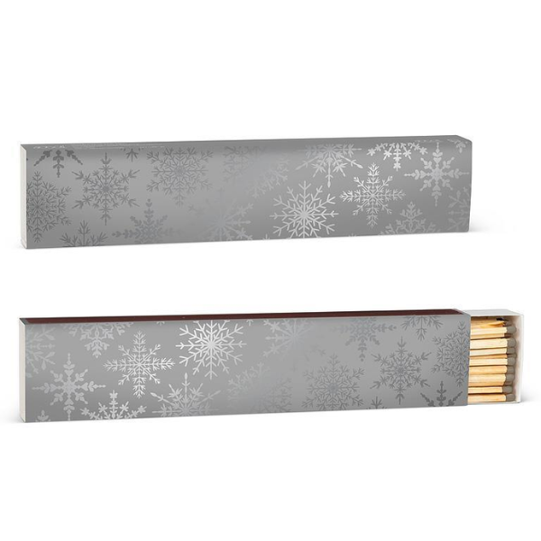 Decorative Snowflake fireplace matchbox with silver foil artwork and 40 wooden matches for candles, fireplaces, and cozy winter gifting.