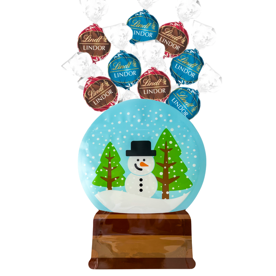 Snow Globe with a snowman inside -shaped chocolate pouch filled with Red and Blue Lindt Lindor chocolates.