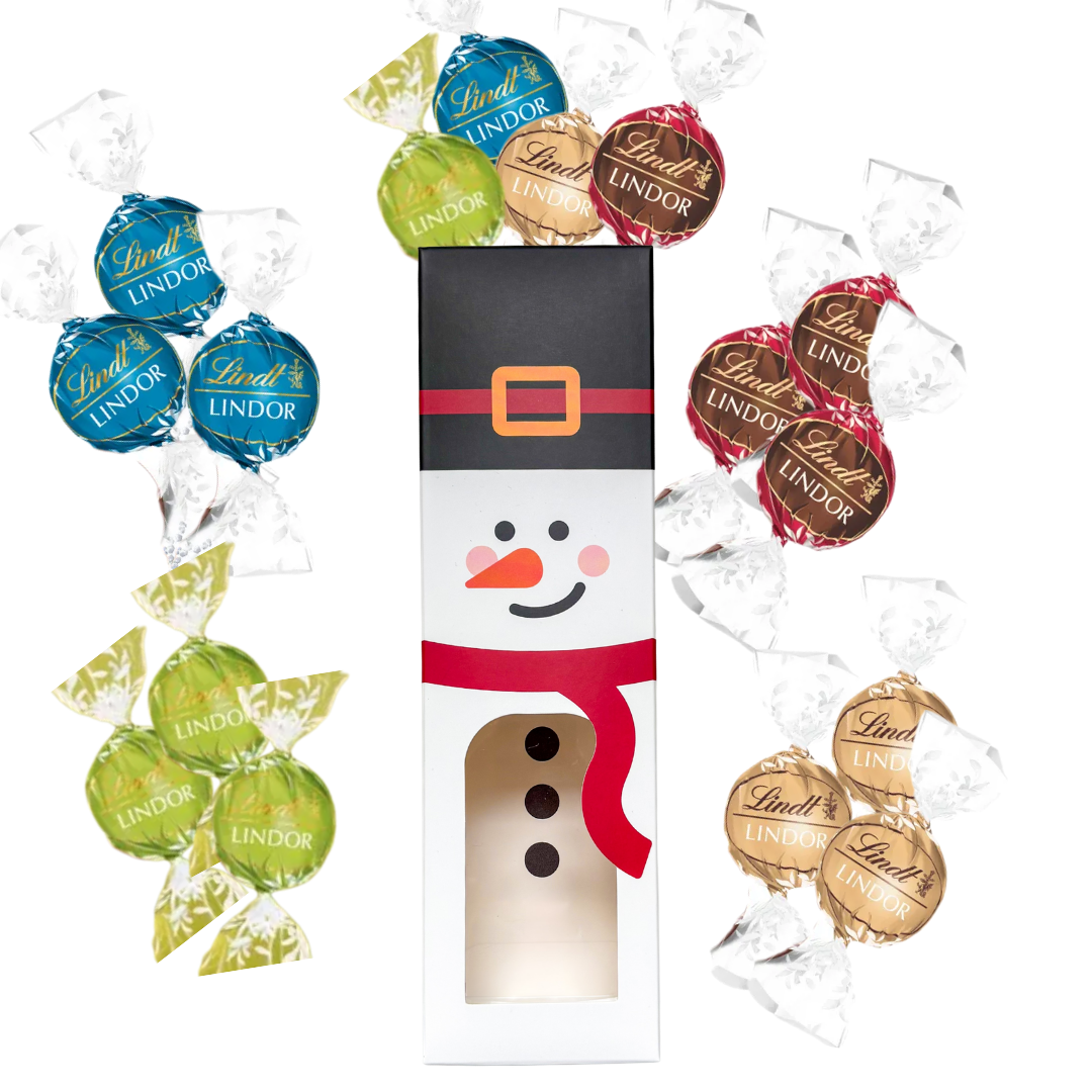 Snowman-shaped chocolate box filled with green, Blue, Red and gold Lindt Lindor chocolates.