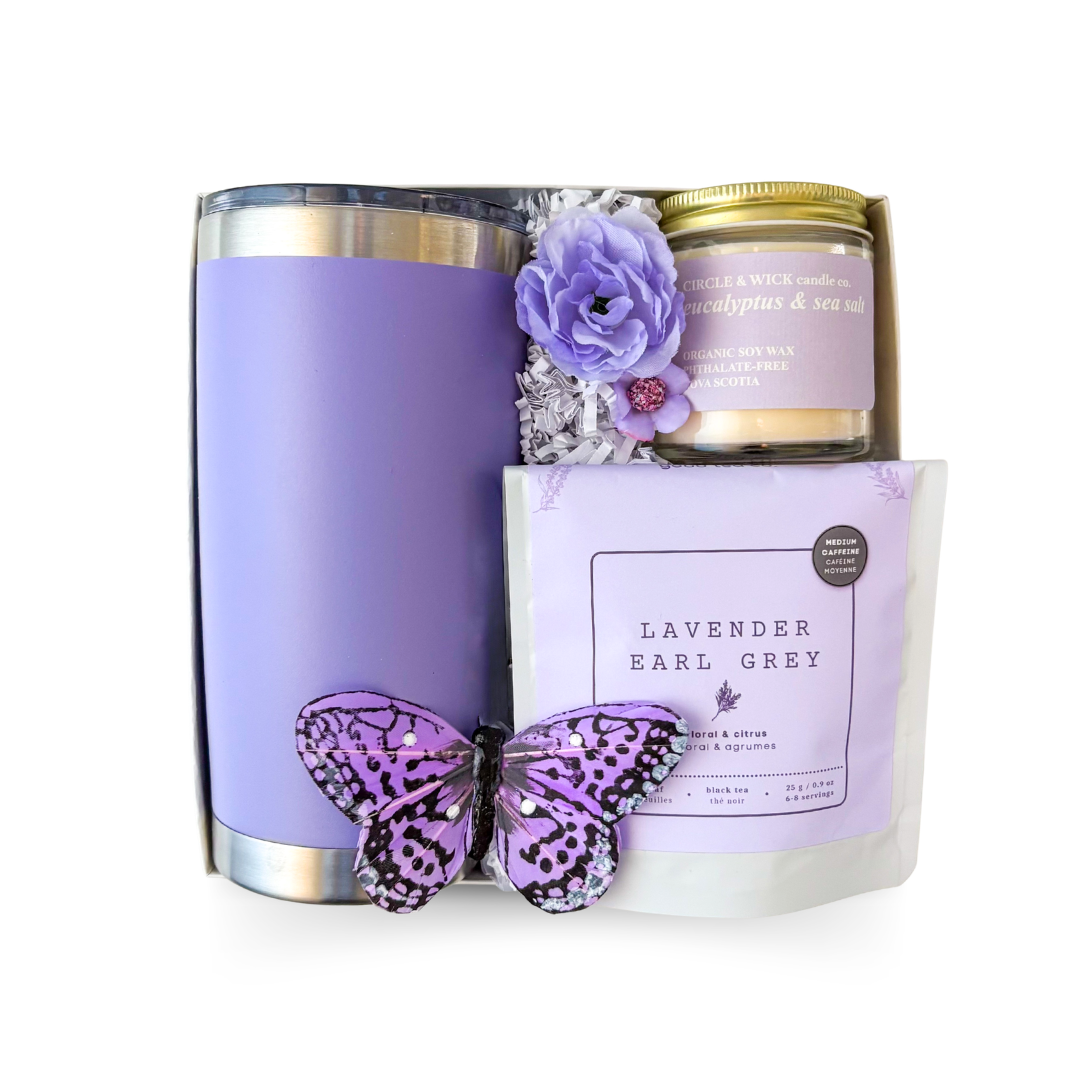 Luxury keepsake gift box featuring lavender tea, lavender insulated tumbler, eucalyptus and sea salt candle, and self-care essentials by Black Bow Gift Co.

