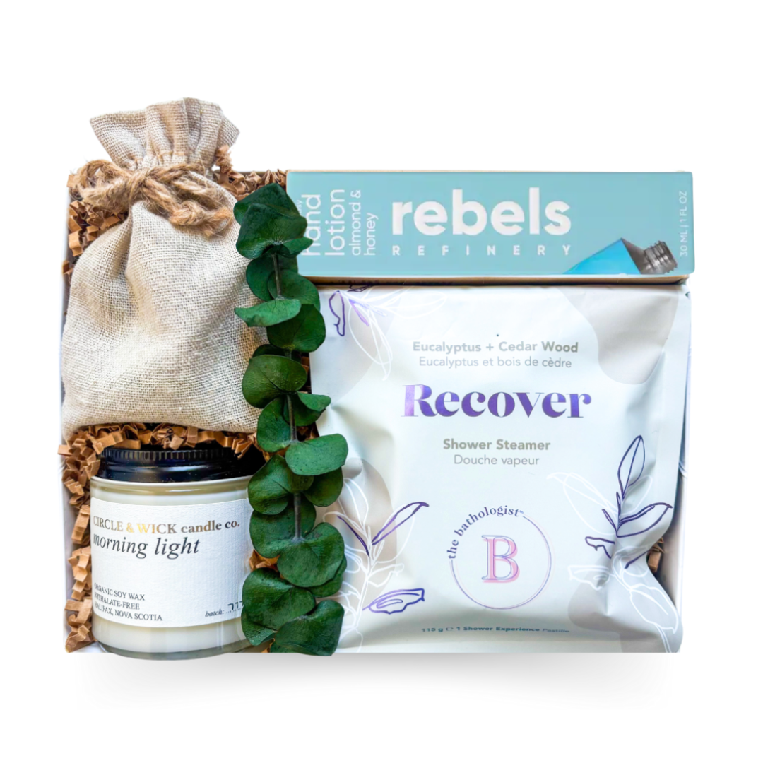 Soft Landing small self care gift box with wellness accents, artisan chocolates and soft blue details by Black Bow Gift Co.