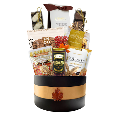Something Sweet gourmet gift basket box filled with chocolate, cookies, caramel popcorn and assorted sweet treats.