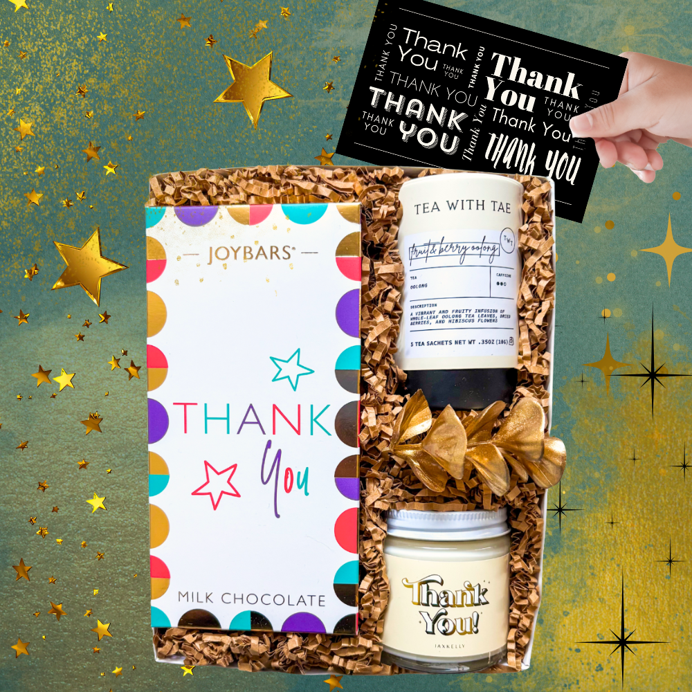 Special Thanks Gift Box with thank-you candle, tea, and vibrant milk chocolate bar styled for a calm and elegant expression of gratitude.
