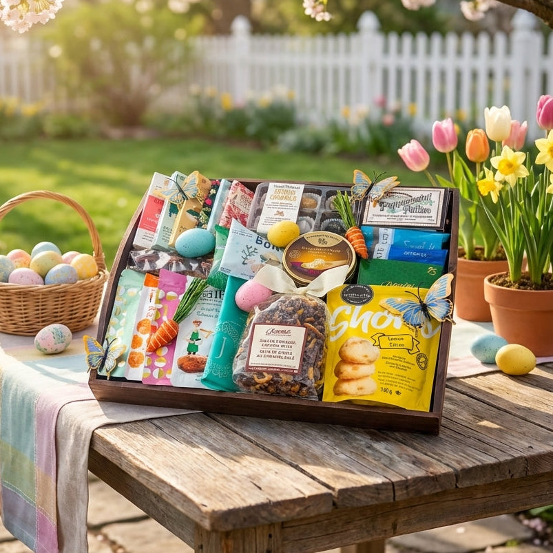 colourful spring gift basket with treats and snacks on an outdoor table with flowers and easter eggs. Butterflies accents shown on gift tray. 