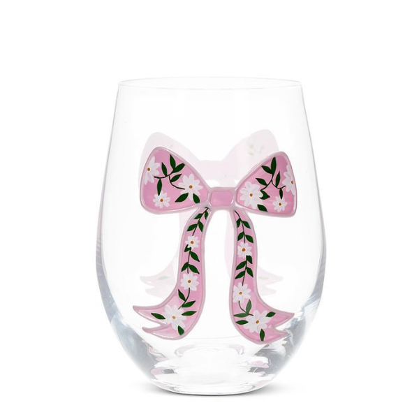 Stemless Wine Glass - Floral Pink Bow