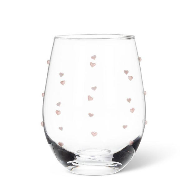 Stemless Wine Glass - Pink Hearts