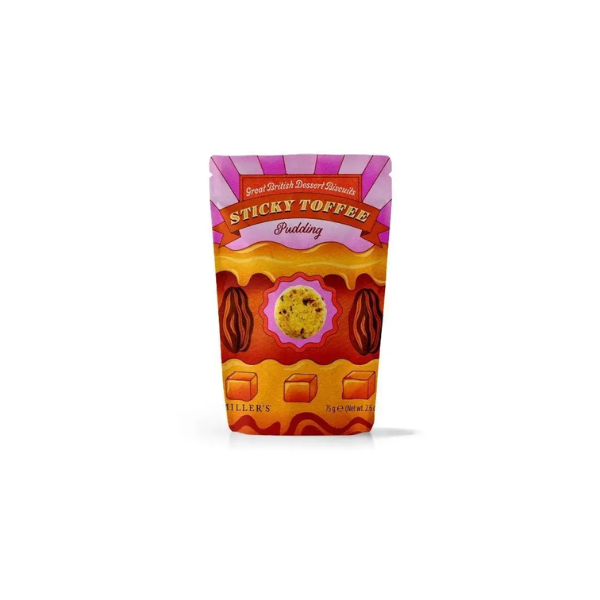 Sticky toffee pudding biscuits with sweet toffee pieces and chopped dates, inspired by the classic British dessert.