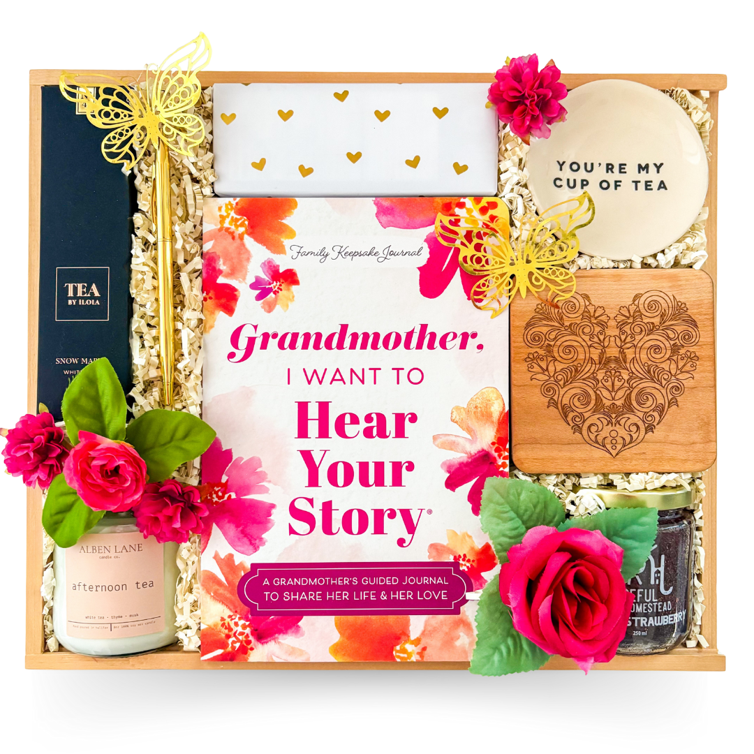 Stories We Share gift box with story journal, tea, cookies, candle, and cozy touches for mom or grandmother.
