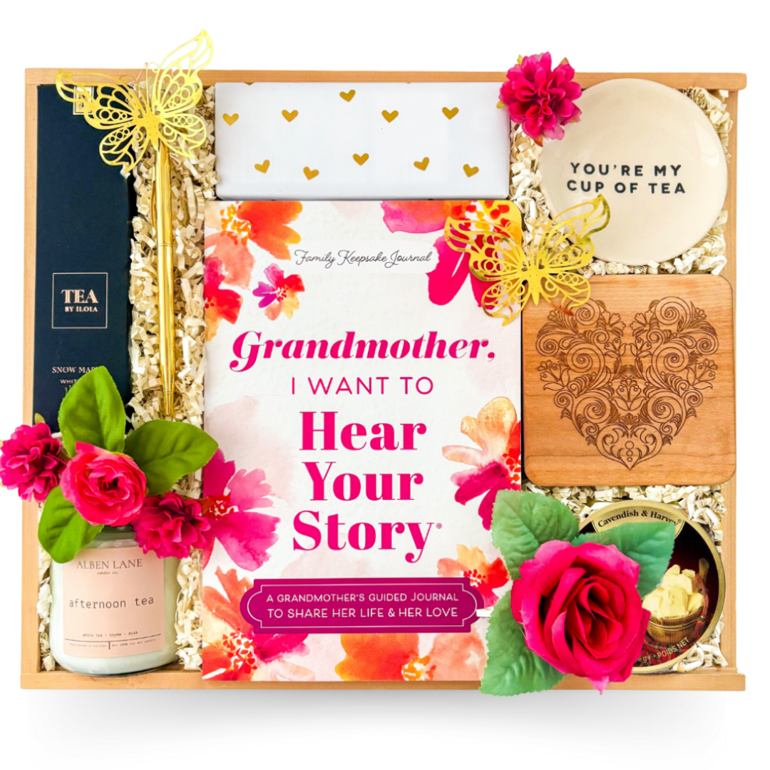 Stories We Share gift box with story journal, tea, cookies, candle, and cozy touches for mom or grandmother.
