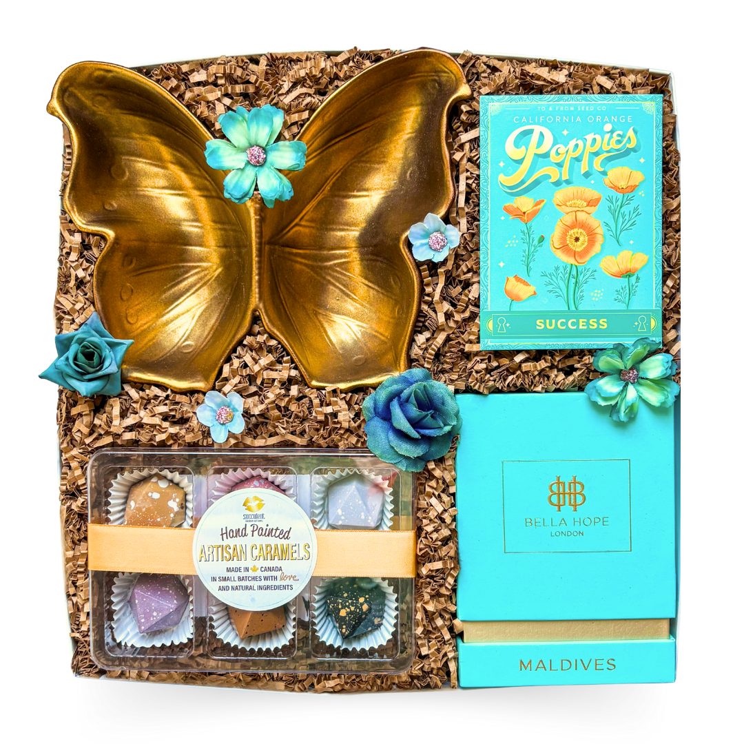 Success in Bloom luxury gift box in turquoise, white, and gold, styled for milestone celebrations.