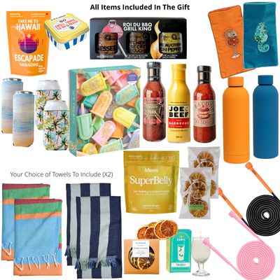 Luxury summer gift basket in a large high-gloss black magnetic keepsake gift box featuring premium insulated bottles, beach towel, passport holders, gourmet treats, summer games, barbecue sauces, hydration essentials, and colourful seasonal accessories.