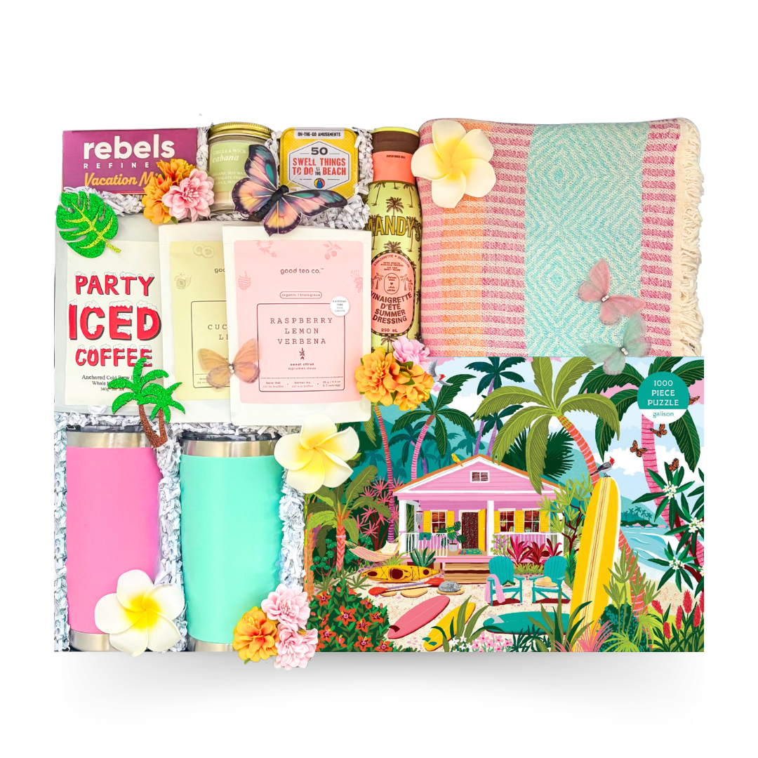 Luxury summer gift basket in a large high-gloss black magnetic keepsake gift box featuring premium insulated tumblers, gourmet treats, entertaining essentials, summer activities, colourful kitchen textiles, and seasonal keepsakes.

