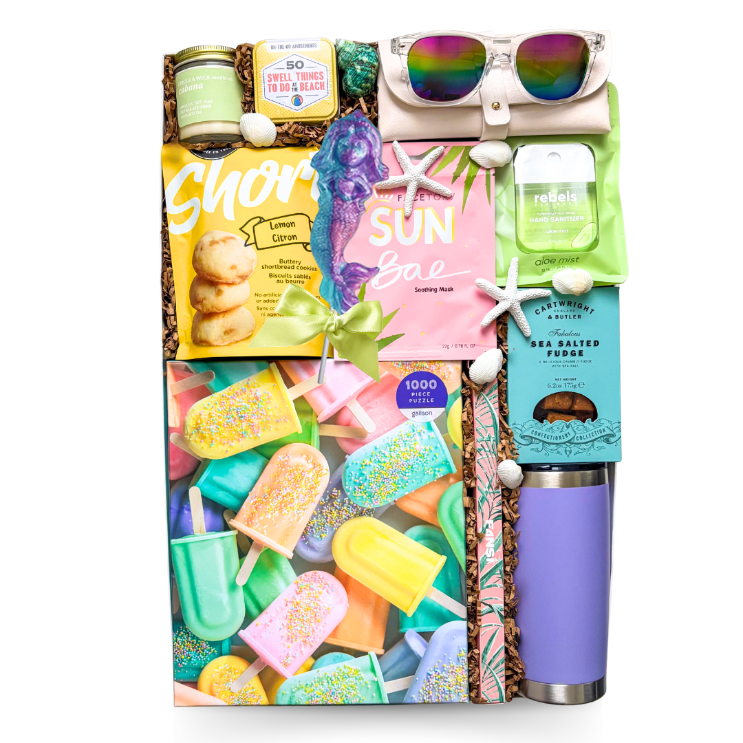 Luxury summer gift box featuring a beach towel, insulated tumbler, sunglasses, beach game, puzzle, self-care essentials, gourmet treats, and summer-inspired keepsakes for beach lovers and sun chasers.

