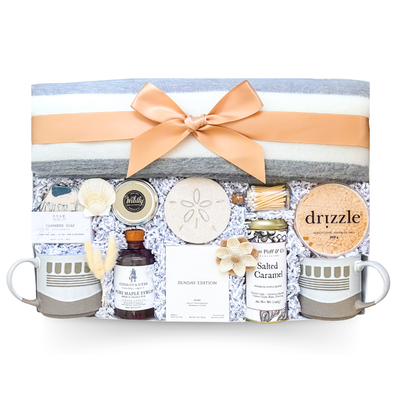 Sunday Comfort breakfast gift box with coffee, pancake mix, maple syrup, mugs and neutral home items in a white keepsake box by Black Bow Gift Co.