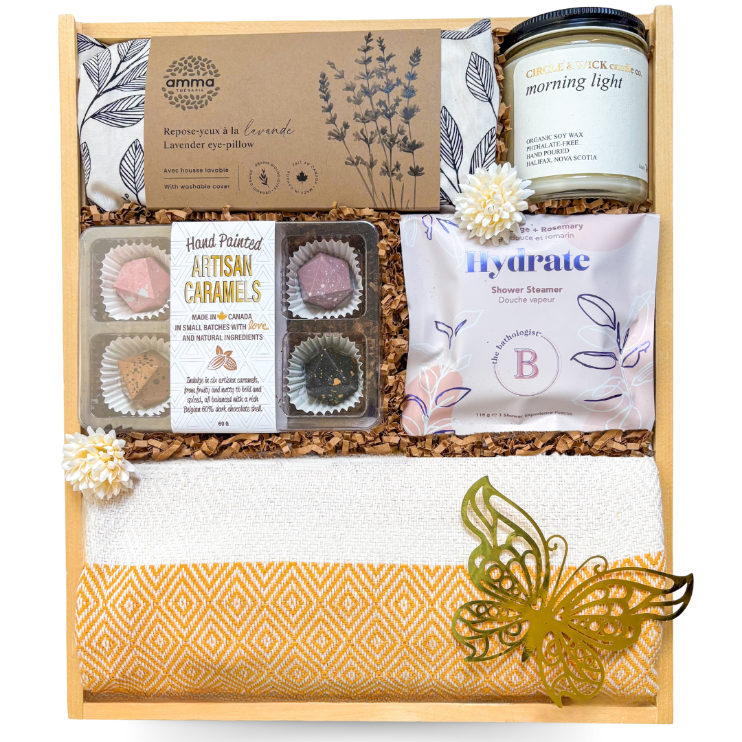 Sunlit Serenity luxury spa gift box in wooden keepsake box with Turkish towel, shower steamer, lavender eye rest, candle and artisan treats by Black Bow Gift Co.
