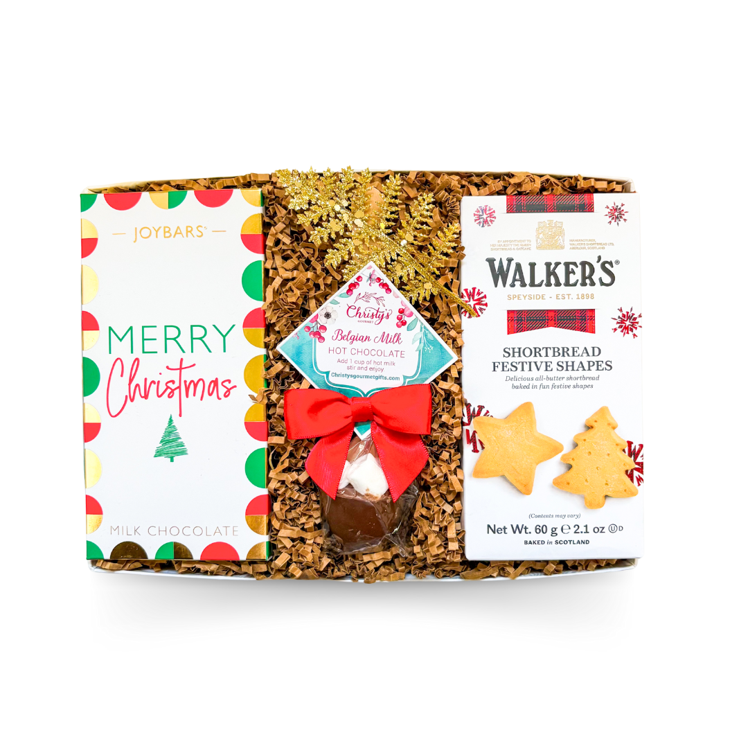 Alt Image Text
Festive holiday chocolate gift box with shortbread cookies and chocolate treats by Black Bow Gift Co.