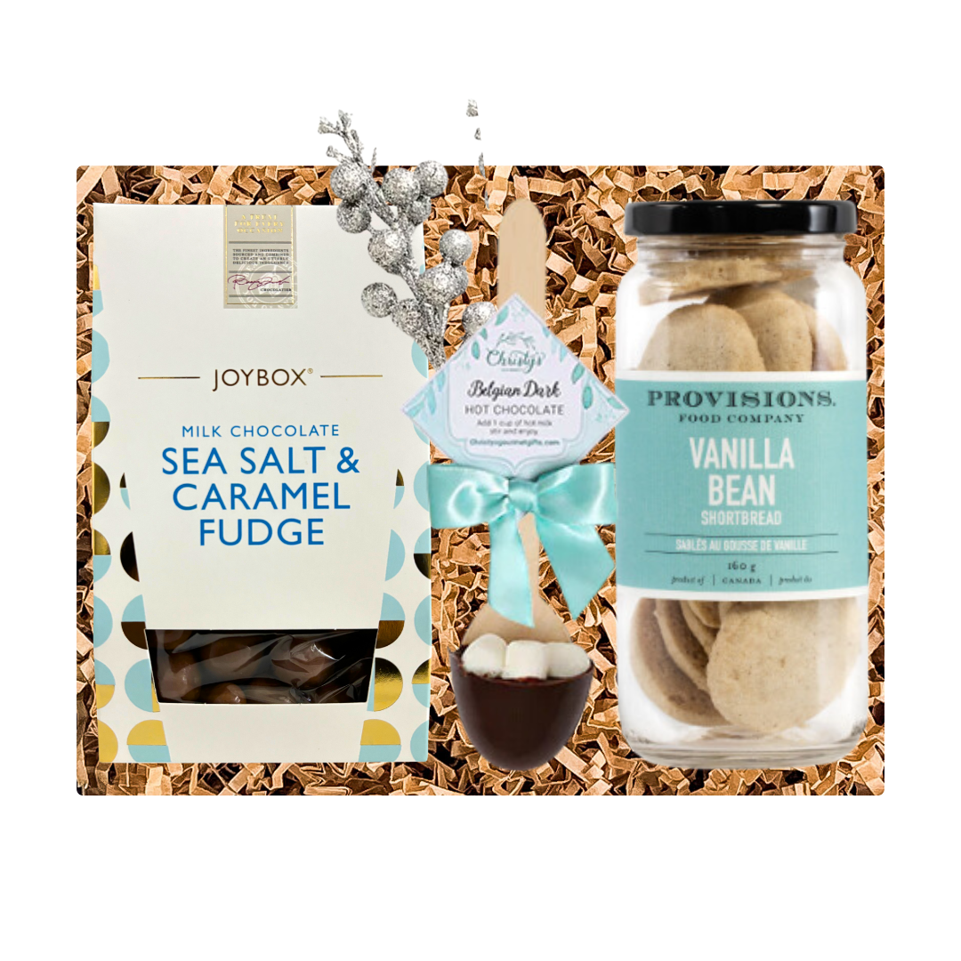 Sweet Indulgence gift box with chocolate fudge, shortbread, and elegant turquoise and white presentation — by Black Bow Gift Co.