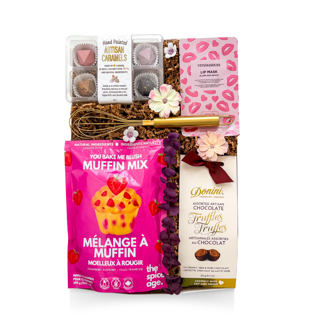 Sweet treat gift box with chocolates, baking mix, gold whisk, and self-care details, styled in a romantic yet modern gifting aesthetic.
