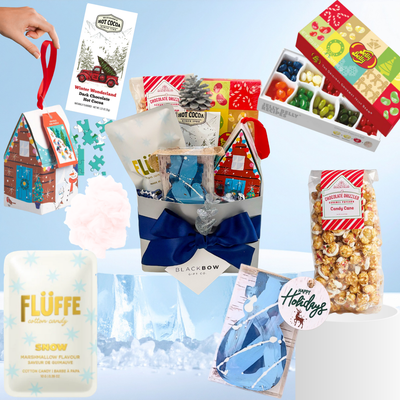 Festive holiday gift basket with sweet treats and cheerful surprises by Black Bow Gift Co.