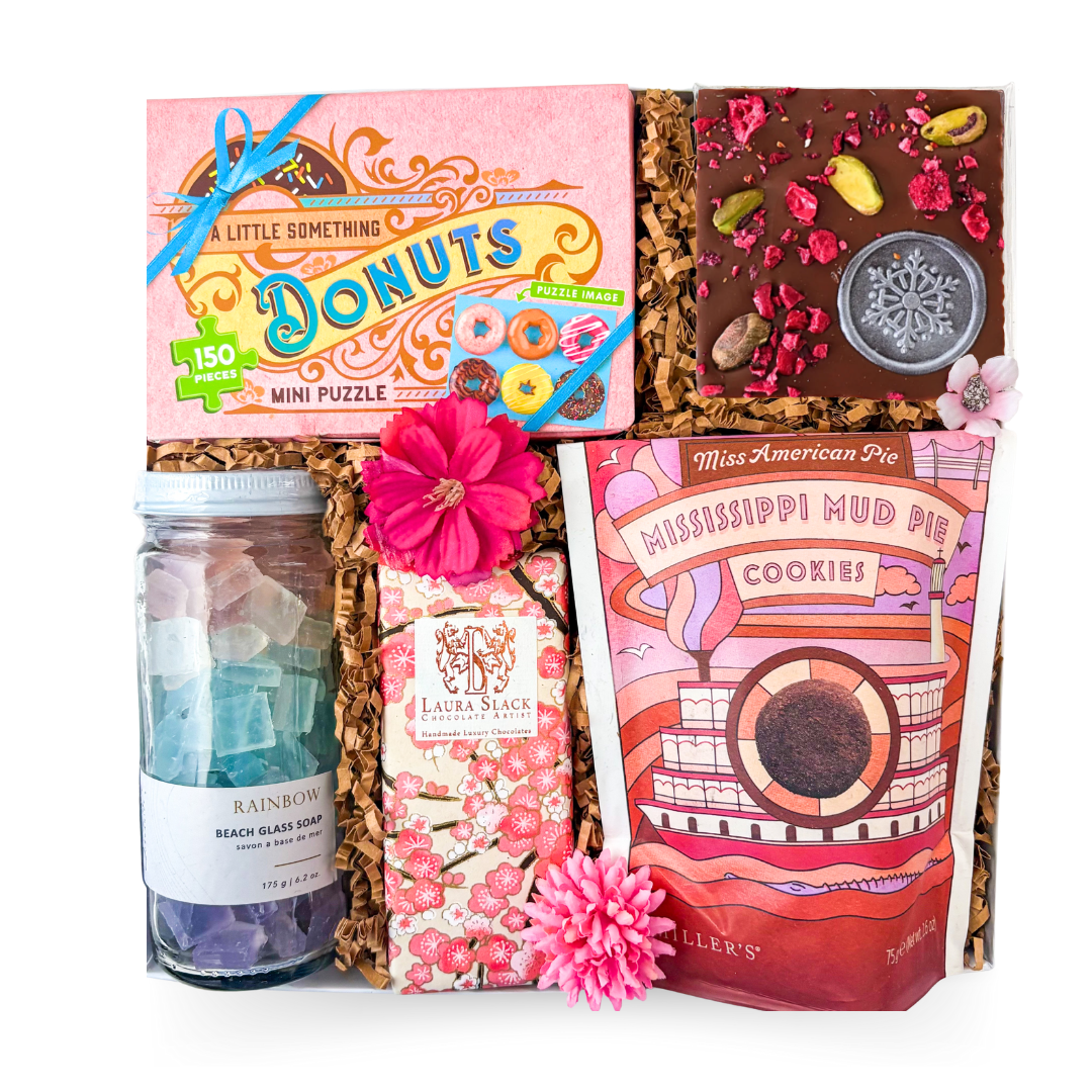 Sweet Statement luxury pink gift box with premium treats and playful celebration accents by Black Bow Gift Co.
